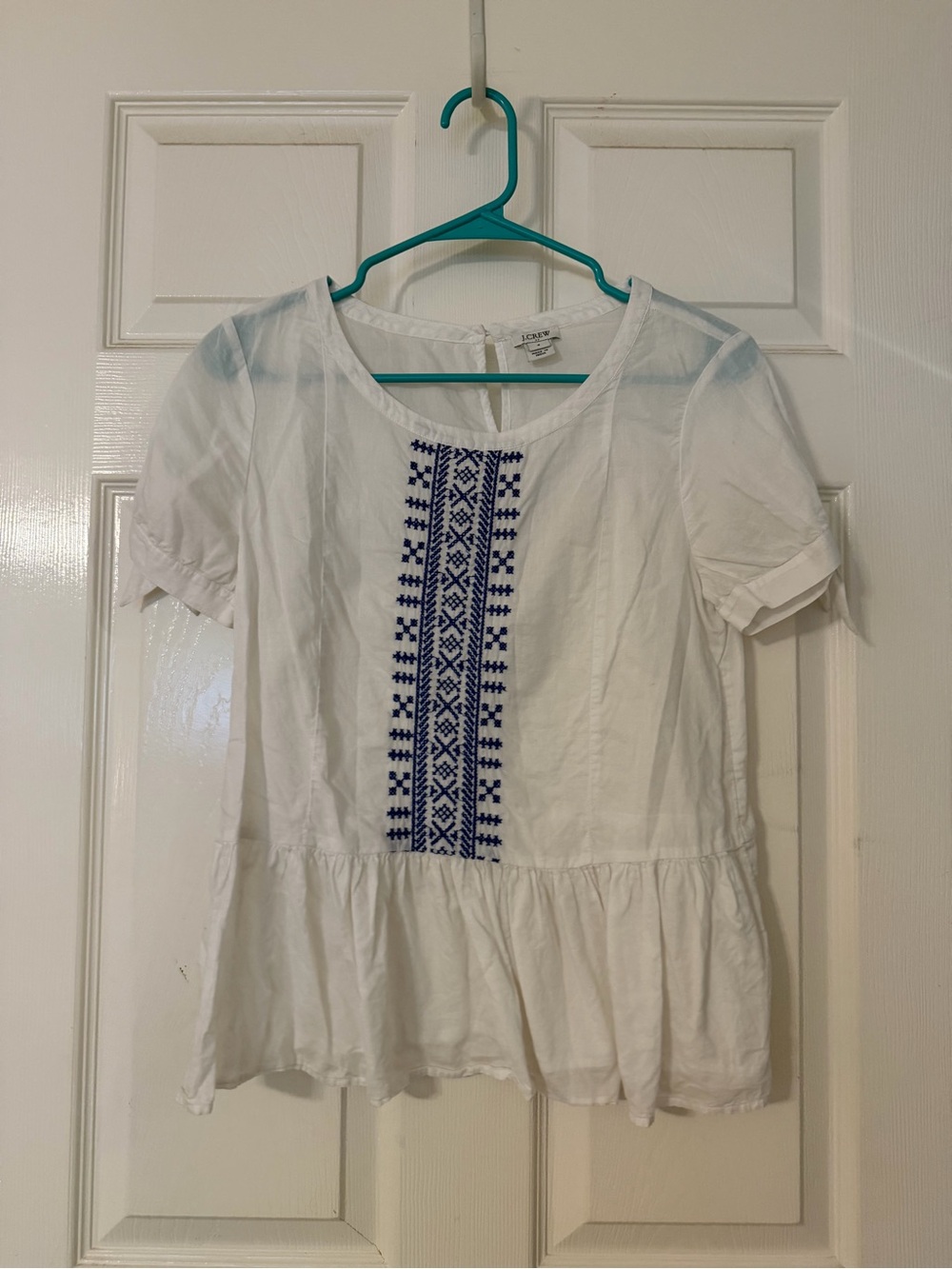 J. Crew White Peplum Blouse with Blue Embroidery